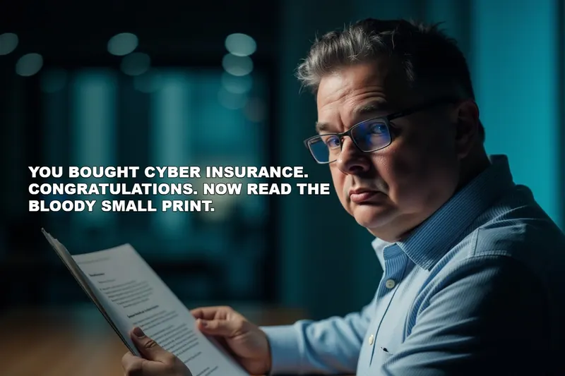 UK small business owner sitting at a bright desk reviewing an insurance policy document with a focused, determined expression