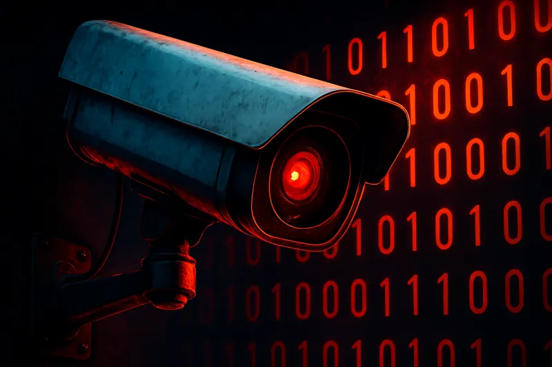A neglected office CCTV camera and router glowing in a dark comms cupboard as part of a wider botnet threat