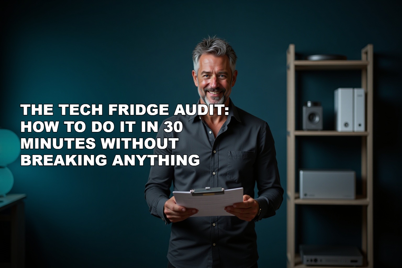 Graham Falkner standing in a small business back office holding a clipboard checklist, shelving unit with router and NAS box visible behind him, bright natural lighting